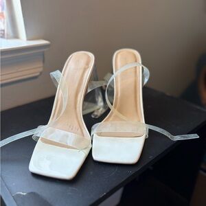 Clear Strap White Square-Toe Women's Heeled Sandals